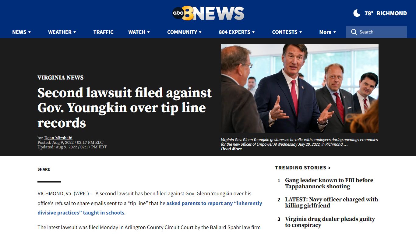 Second lawsuit filed against Gov. Youngkin over tip line records